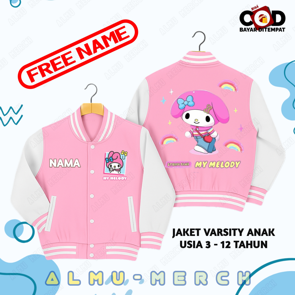 Jaket Anak My Melody | Jaket Varsity Anak Usia 3 - 12 Tahun Free Name