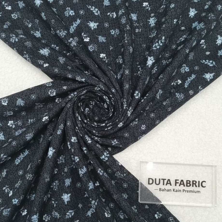 Kain Rayon Viscose Premium Motif Bunga Daun Kecil Hitam Biru Meteran Bahan Dress Blouse Daster Adem 