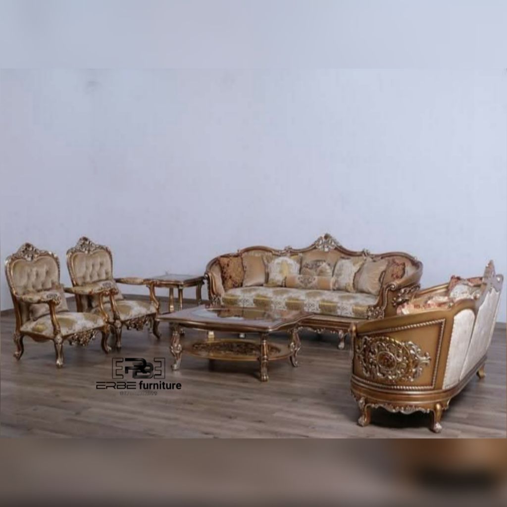 kursi sofa ruang tamu ukir Jepara mewah finishing cat Duco emas bahan kayu jati perhutani formasi 32