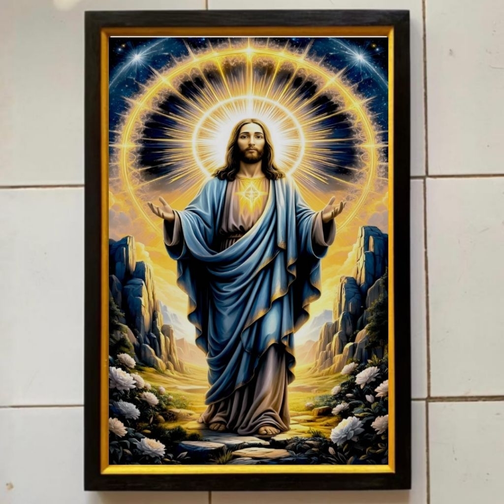 Hiasan dinding lukisan Cetak gambar Tuhan Yesus plus bingkai ukuran 65cmx45cm