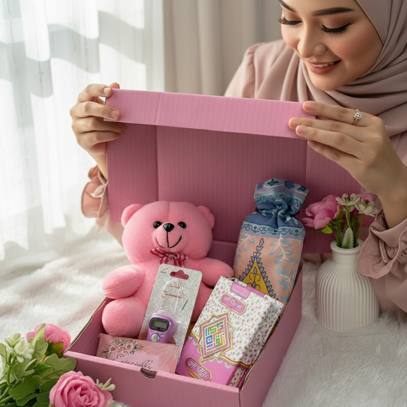 Hampers Gift Box Cewek Sajadah Travel Alquran Kecil Tasbih Digital Boneka Beruang Pink