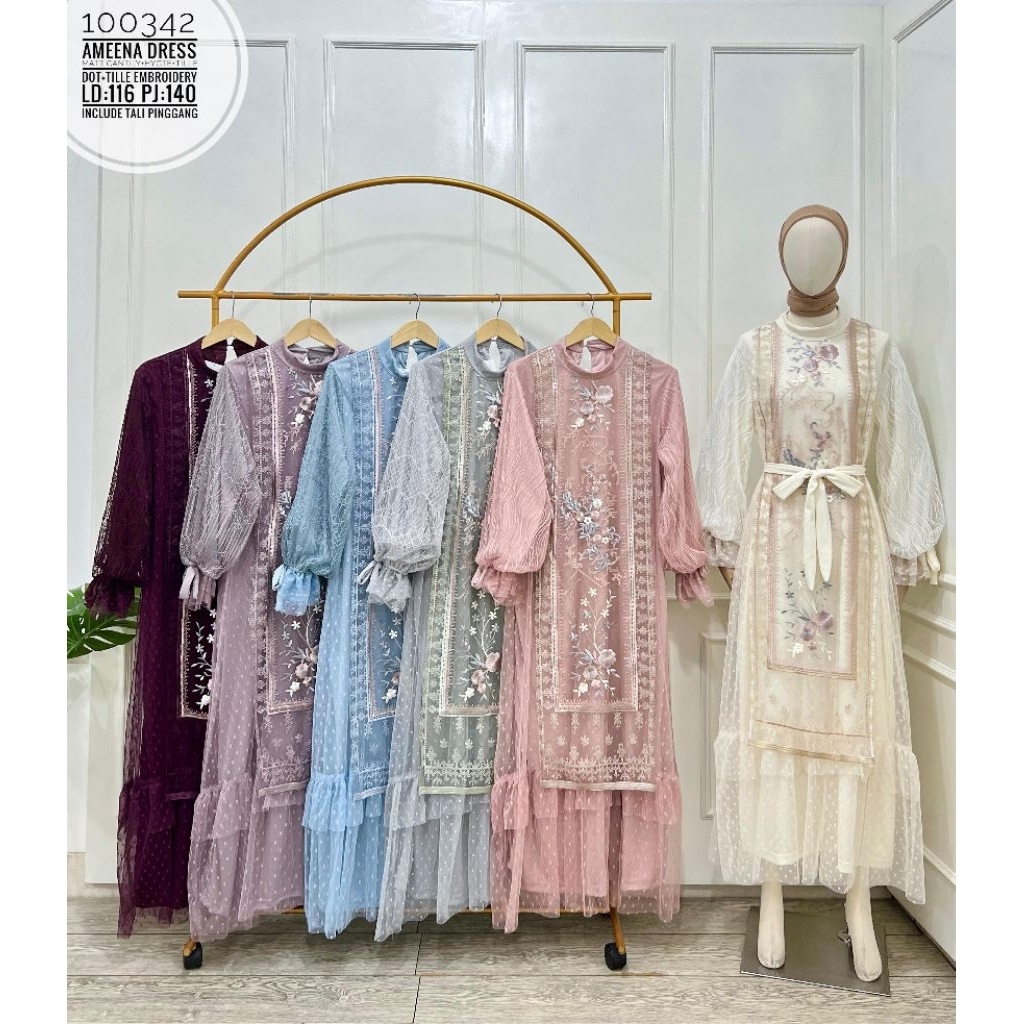 Ameena Dress Tille Bordir – Outfit Hijab Elegan -gaun brokat anggun mewah dan feminim Gamis Muslim L