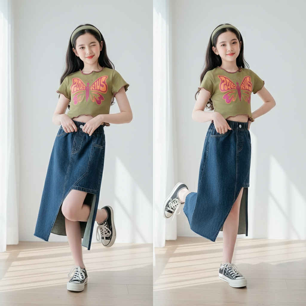 CIRCLEKID.ID Setelan Rok Anak tanggung Cewek Import Kekinian Bahan Katun Usia 5-10 Tahun Rok Jeans