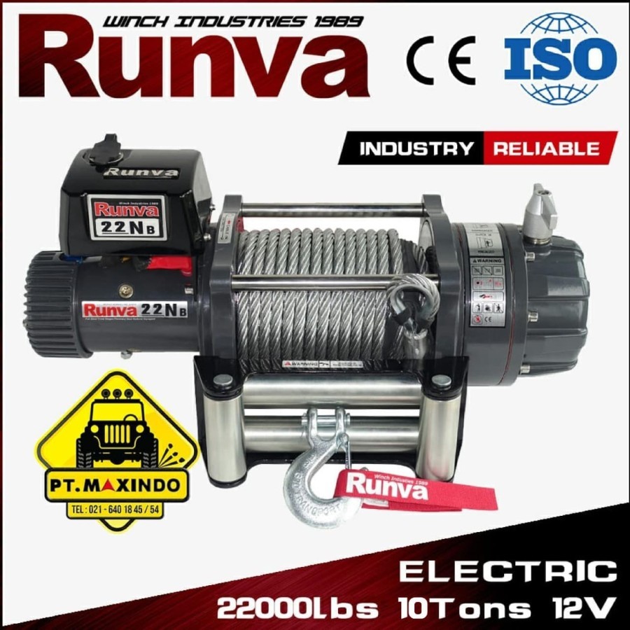 RUNVA 22NB Electric Winch 12 Volt Kapasitas 10 Ton Heavy Duty ISO CE RoHS Tali Sling Baja 12mm x 26,