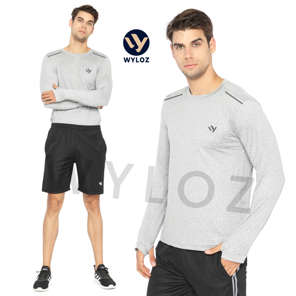 WYLOZ Baju Kaos Olahraga Jersey Gym Training Lengan Panjang Pria Cowok Laki Laki Outdoor Abu Silver