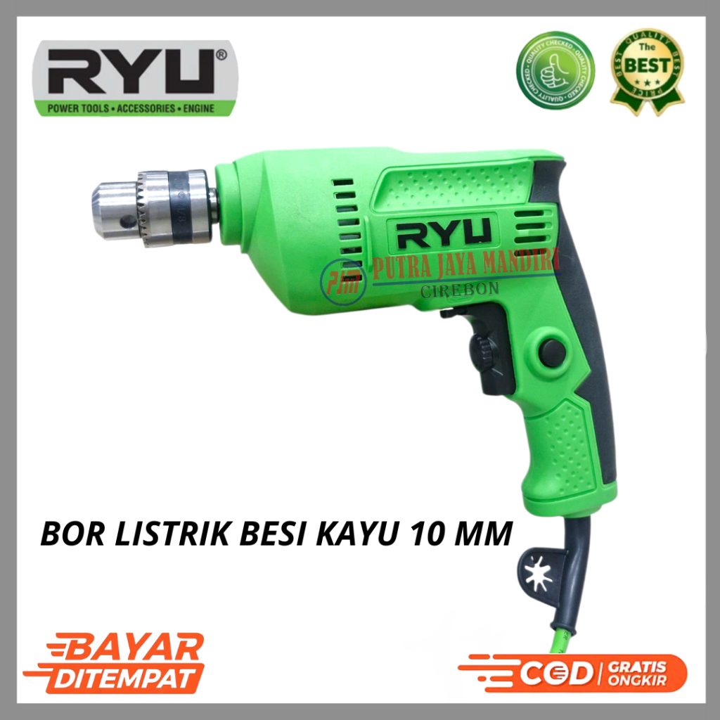 Ryu Mesin Bor Tangan Listrik Besi Kayu Baja Ringan Gypsum Bolak Balik 10 mm RDR 10-3 RE