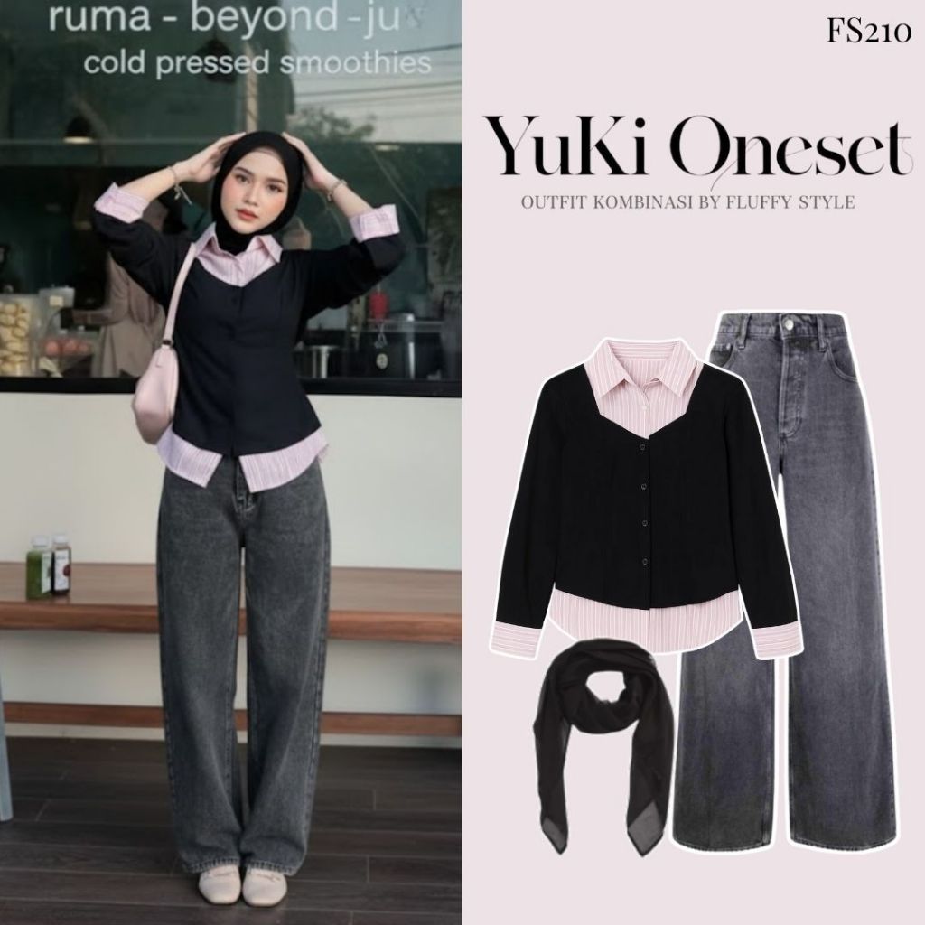Yuki Oneset (Hijab, Cardi Kemeja, Celana Jeans) Outfit Kombinasi Stripe Korean Style Terbaru |FS210