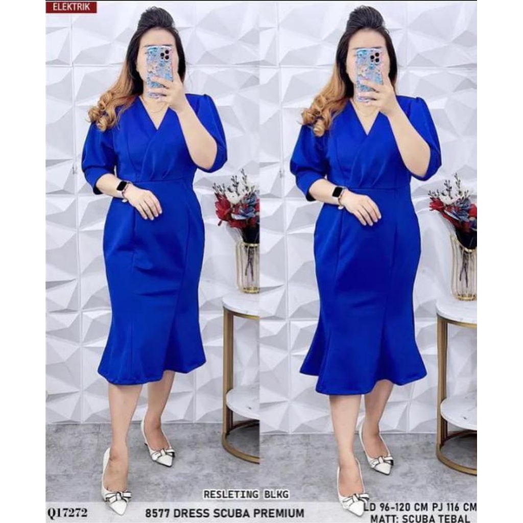 DRESS DUYUNG FULL BROKAT DAN FULL SCUBA LEHER V LENGAN 7/8 PINGGANG BELAKANG ADA KARET WARNA MERAH M