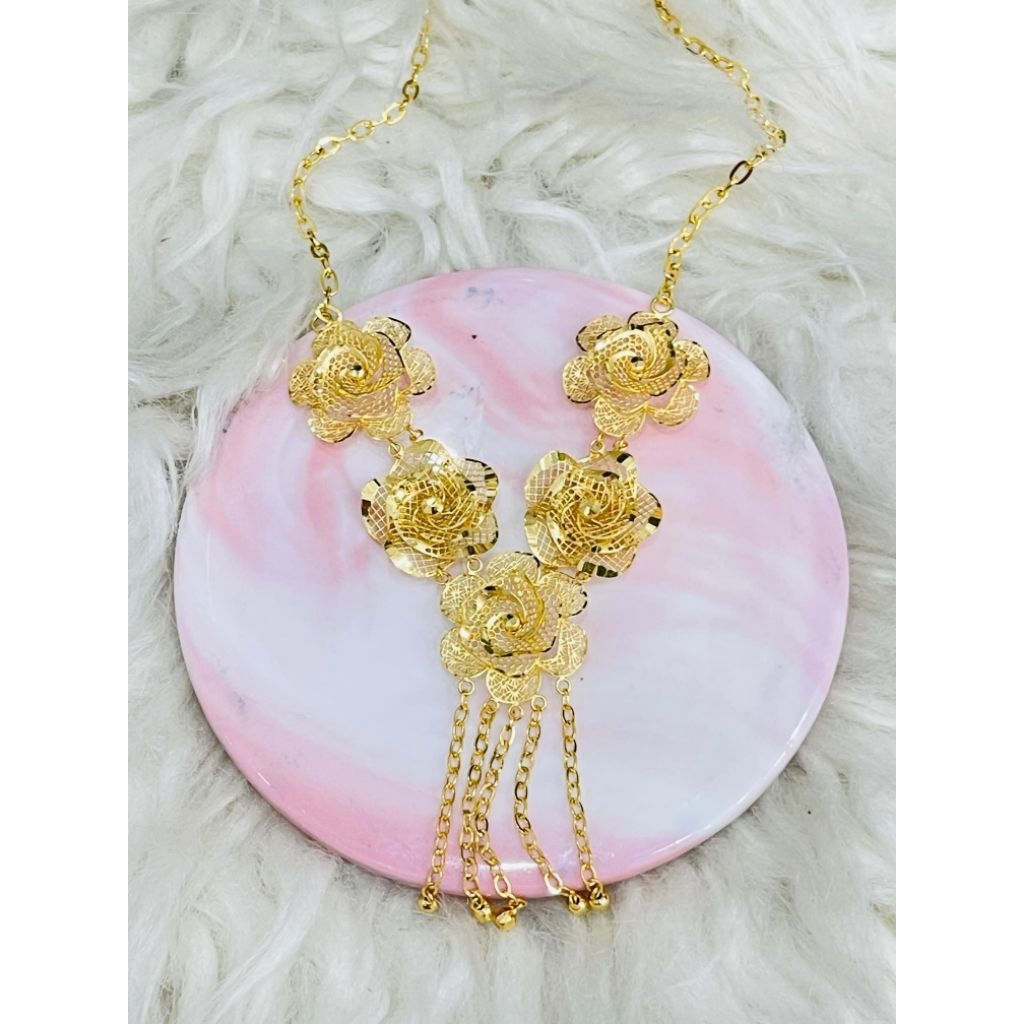 kalung fancy bunga bunga kerawang rumbai elegant emas asli kadar 700