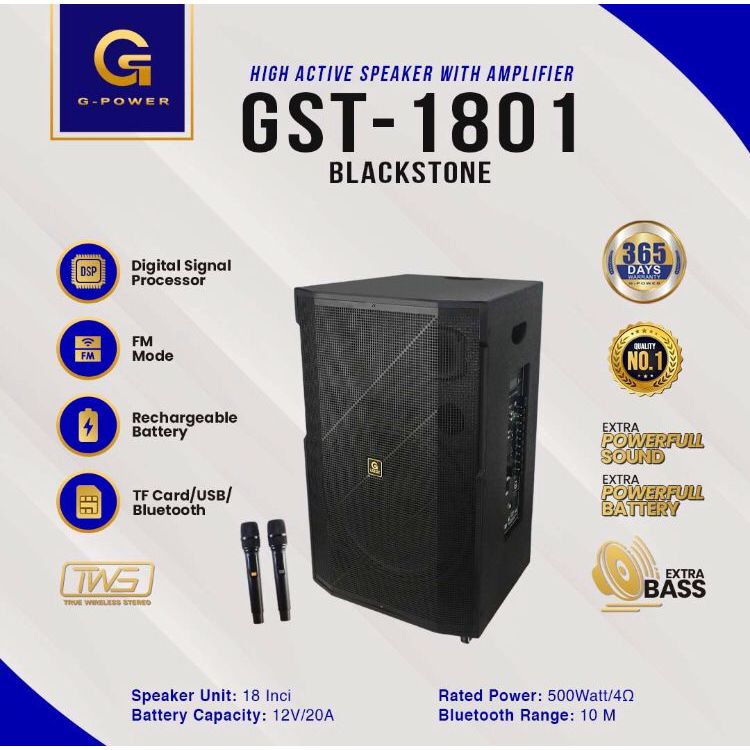 G-POWER Speaker Gst 1801 Blackstone Speaker Bluetooth Portable Professional 18inch Super Extra Bass