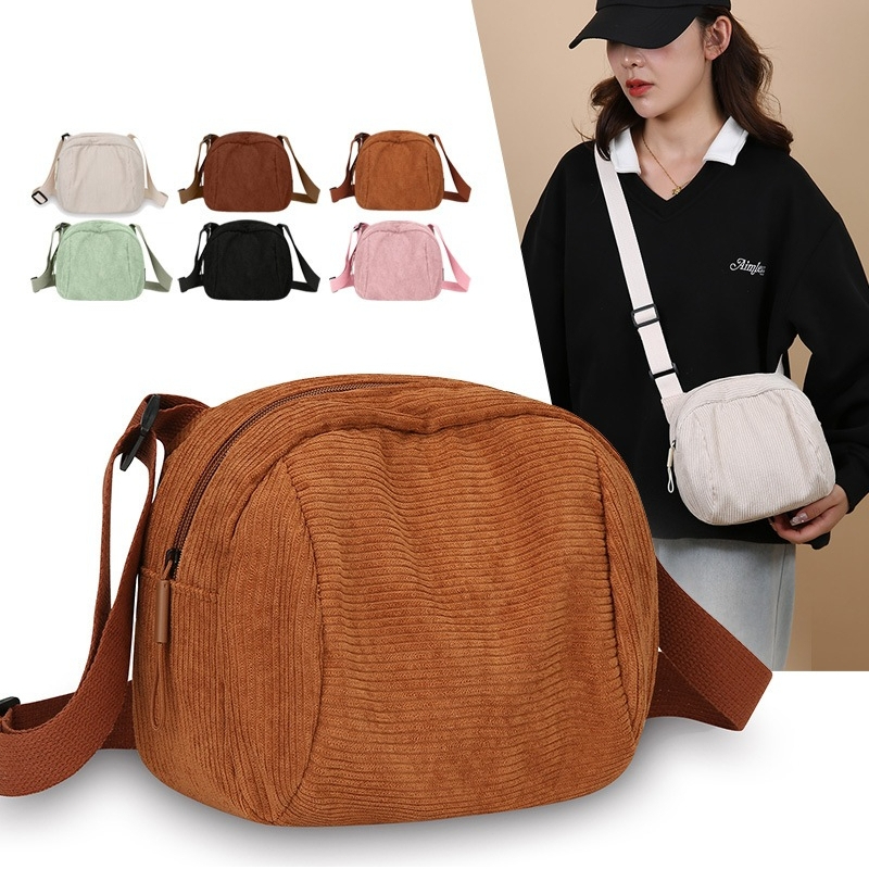 Tas Selempang Wanita Kain Corduroy Fashion, Tas Mini Wanita Kapasitas Besar Multilapis Tahan Gesek, 