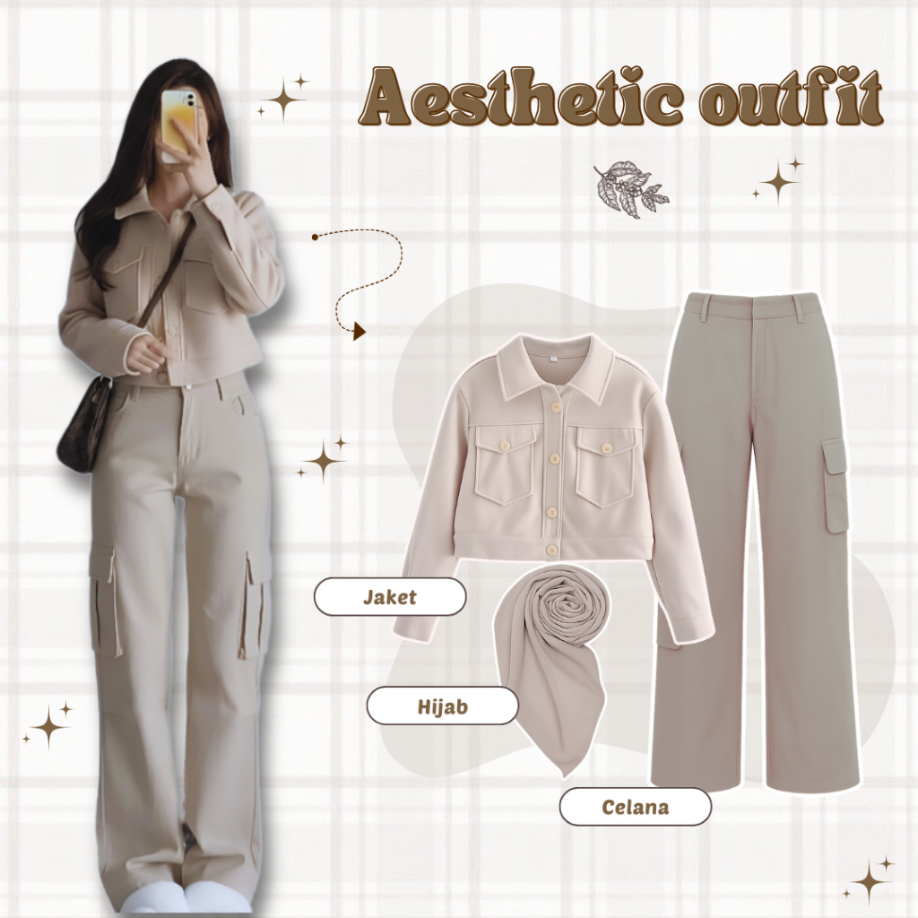 Ootd Korean Style Remaja - Jaket Crop Top + Celana Cargo Pants + Hijab Bella Square - Outfit Kekinia