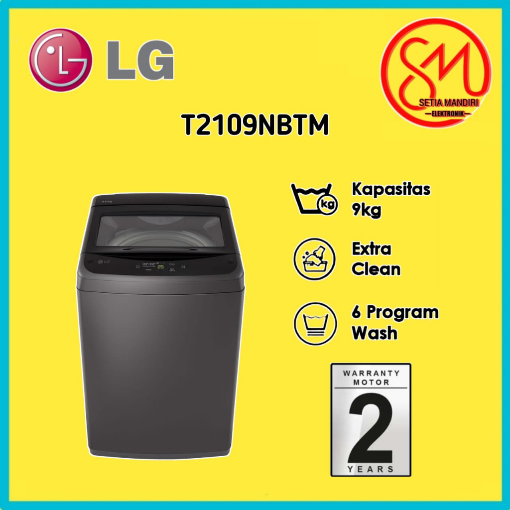 LG Mesin Cuci 9kg Top Loading - 6 Washing Programs - Tinted Glass Door - Mid Black - Model T2109NBTM