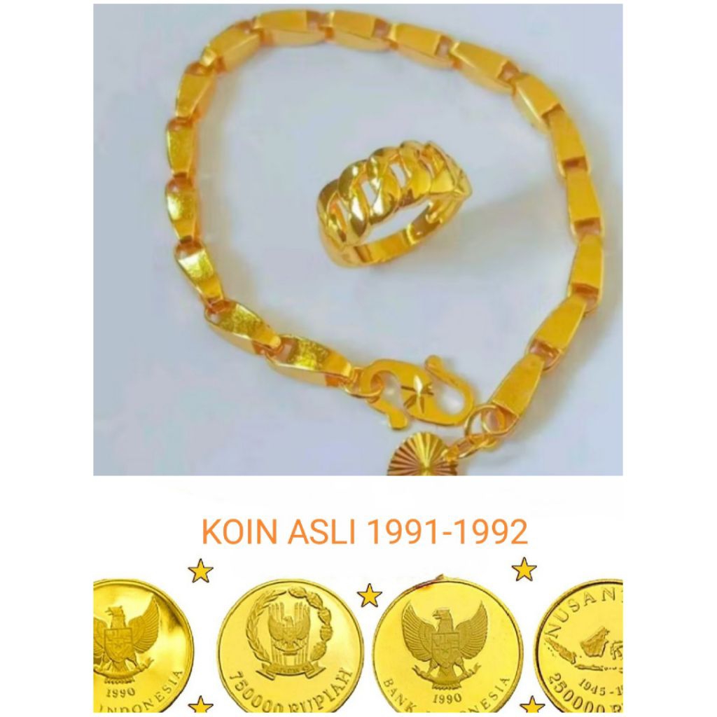 gelang tangan koin asli 1991 gelang tangan padi warna emas 24 free cincin rantai anti karat