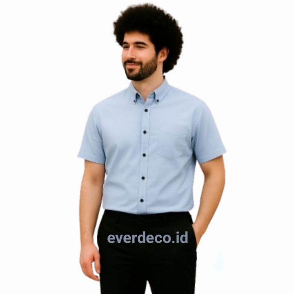 Kemeja hem pria Lengan pendek ice blue Soft blue Biru muda sky blue casual modis adem regular