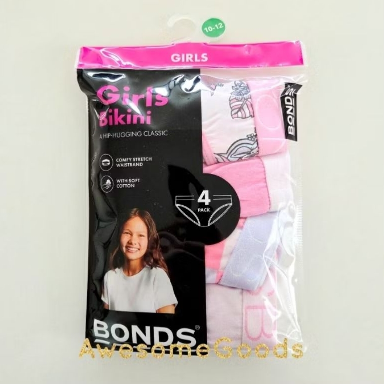 Bonds Girls Underwear Bikini Briefs Assorted 4 Pack Size 10-12