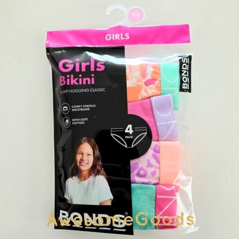 Bonds Girls Underwear Bikini Briefs Assorted 4 Pack Size 4-6