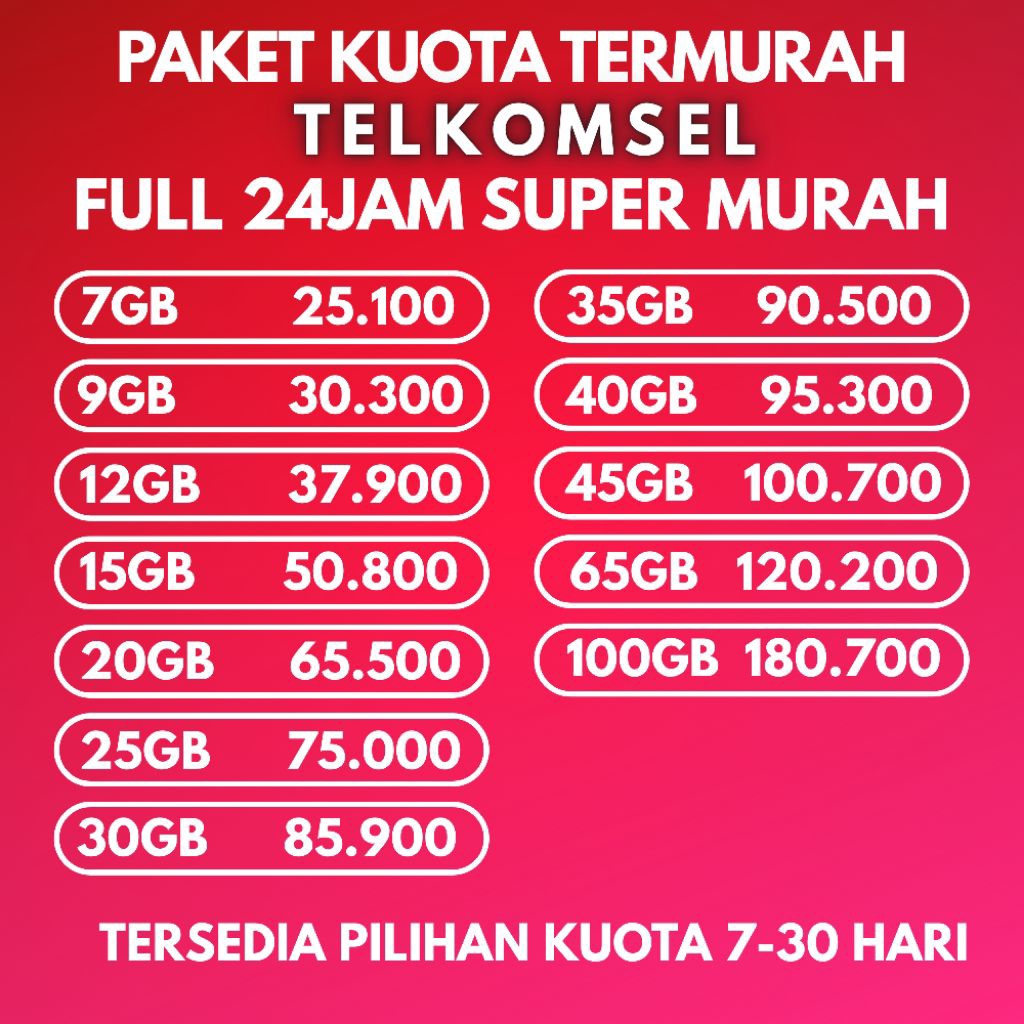 Paket Kuota Telkomsel Termurah 24 Jam 7-30 Hari – Full Internet Semua Jaringan 4G/5G