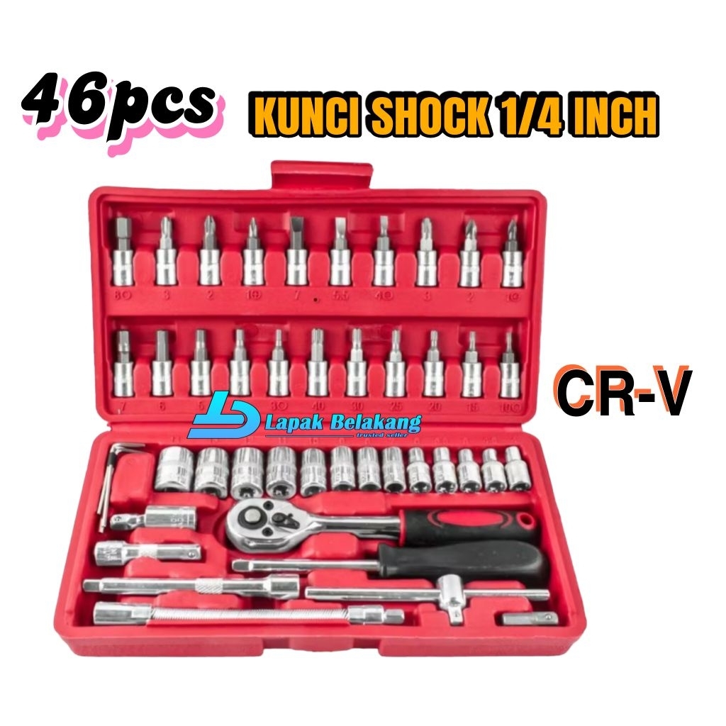46pcs Set Kunci Shock Lengkap Komplit Obeng Pas Sok Sock Shok Socket Ring Tool Kit Alat Bengkel Serv