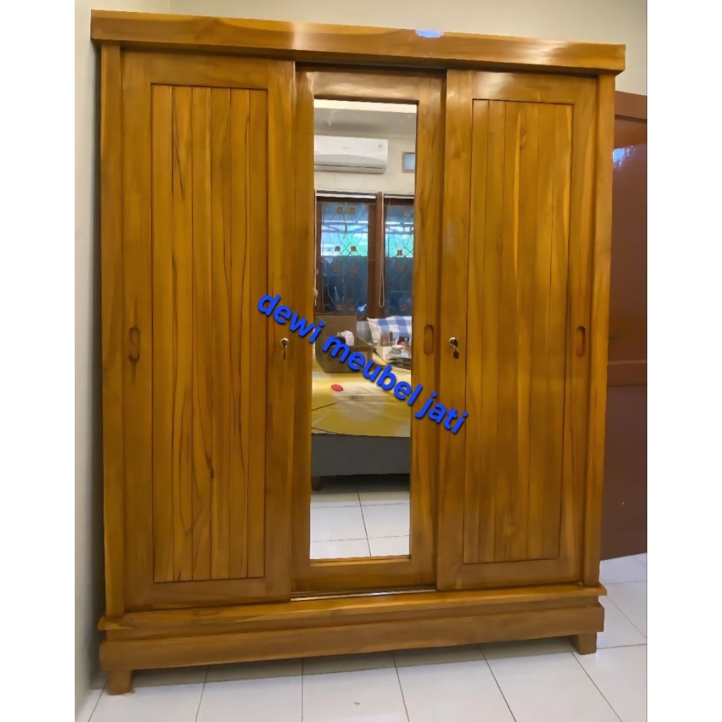 lemari pakaian jati solid pintu 3 sliding knockdown bongkar pasang pengiriman seluruh indonesia