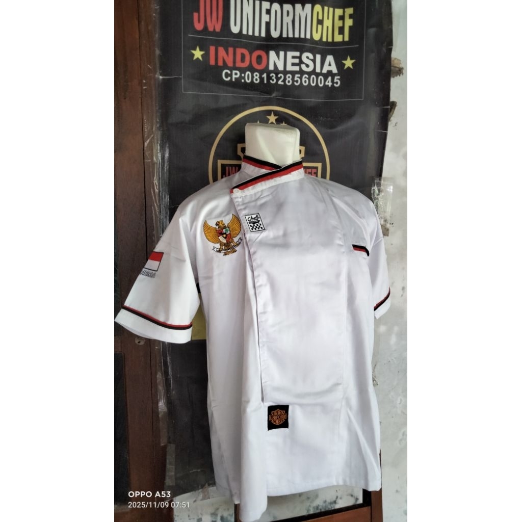 INDOCHEF UNIFORM Kombinasi  leher bendera (IC 209) Baju chef baju koki lengan panjang & Pendek  Harg