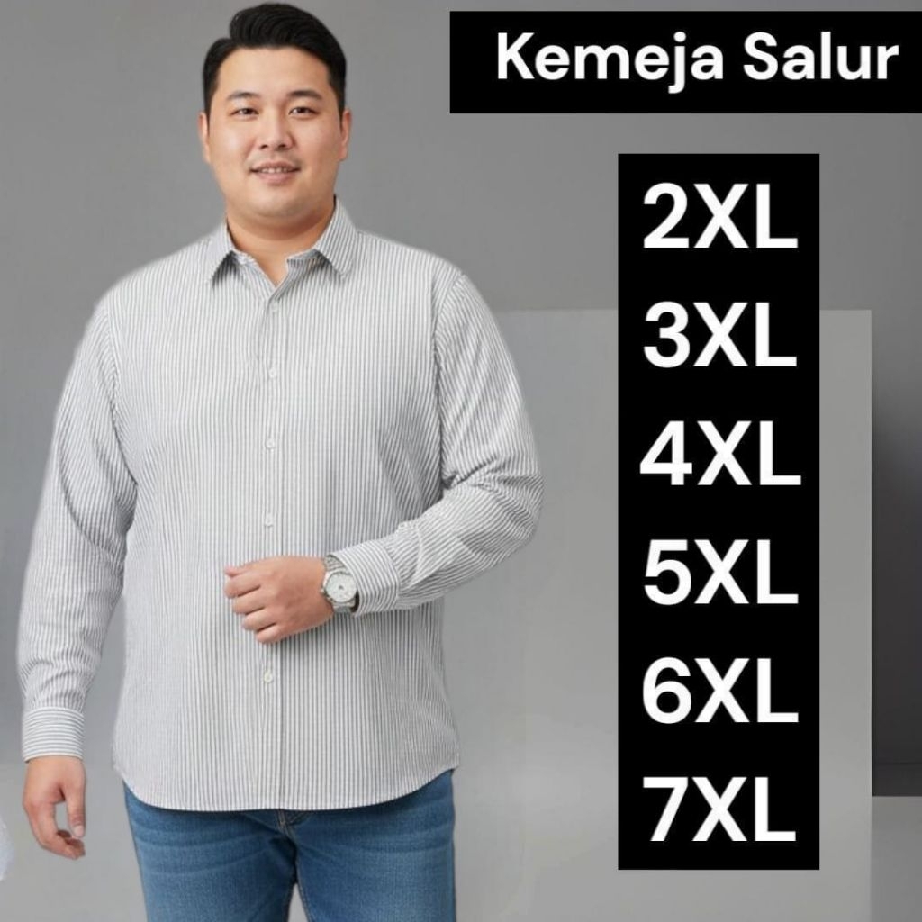 Atasan Kemeja Salur Lengan Panjang Pria Jumbo Hem Salur Strip Garis Garis Big Size Premium Terbaru
