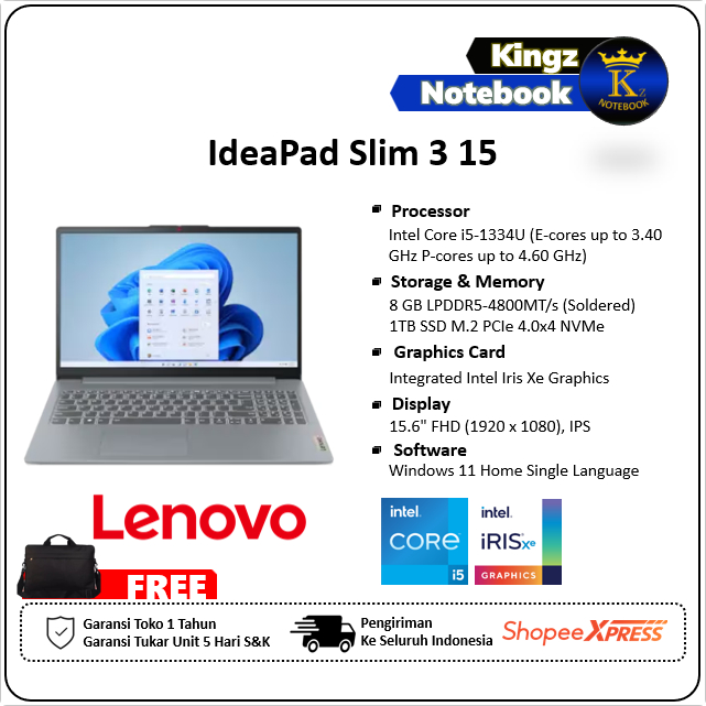Lenovo Slim 3i Core i5 1334U 8GB 1TB Win11 15,6" FHD IPS