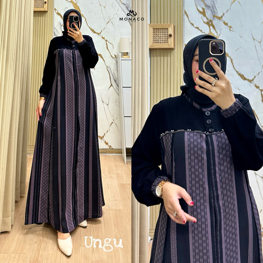 C004 || [REALPICT] Gamis Salur Premium Original by Monaco Fashion / Gamis Kombinasi Salur / Gamis Te