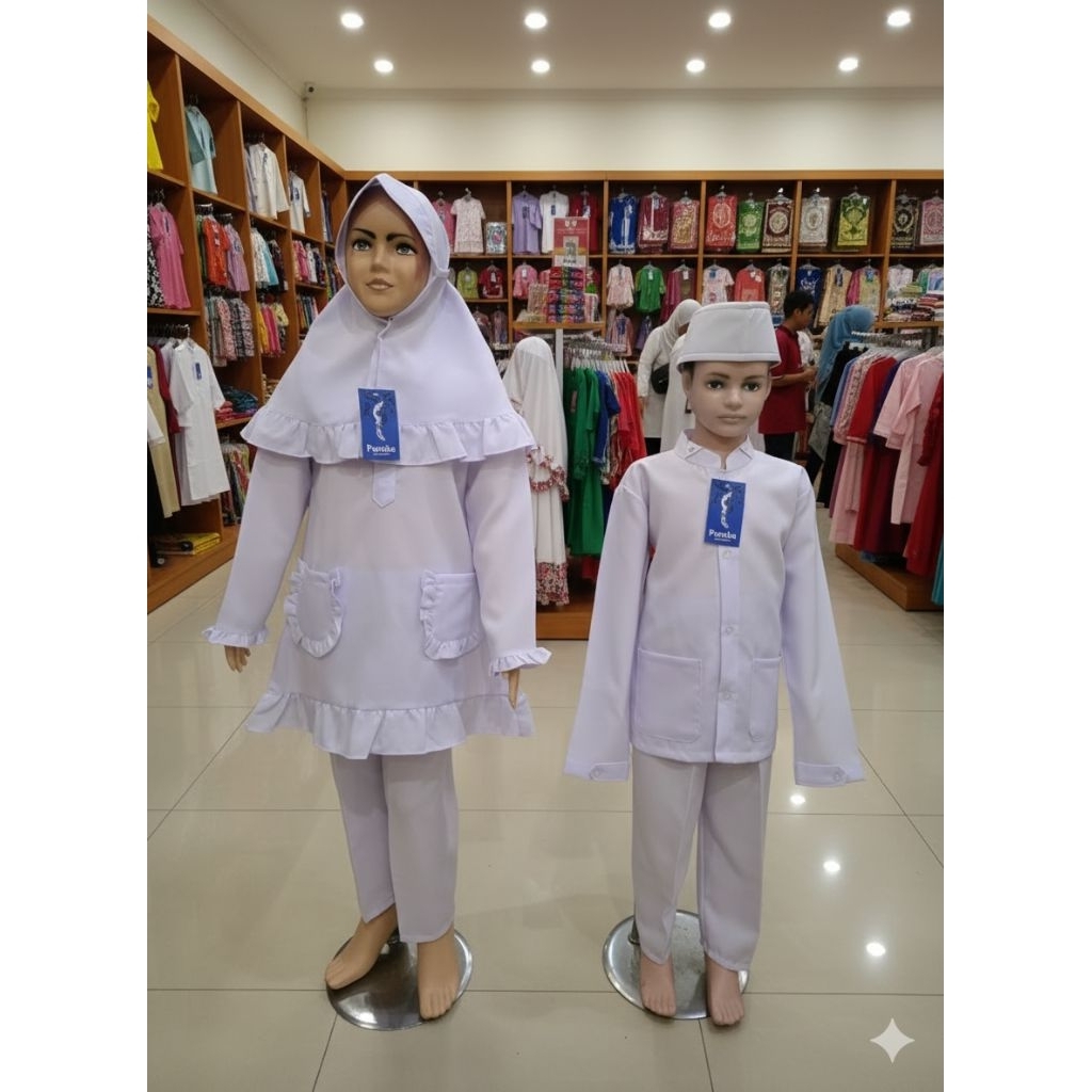 Baju muslim putih anak manasik/Anak TK/Baju ngaji anak anak satu set hijab dan peci