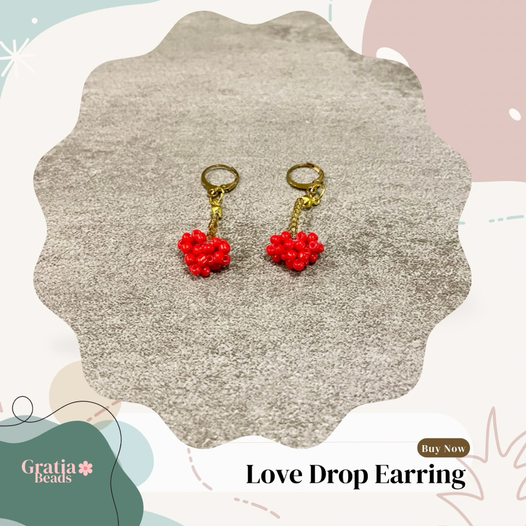 GRATIA BEADS - Love Drop Earring (Anting manik wanita unik & lucu warna merah bentuk hati /love)