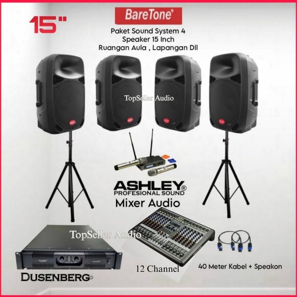 Paket Sound System Speaker 15 inch BareTone 4 Speaker Ruangan Aula / Lapangan Outdoor Dll Power Duse