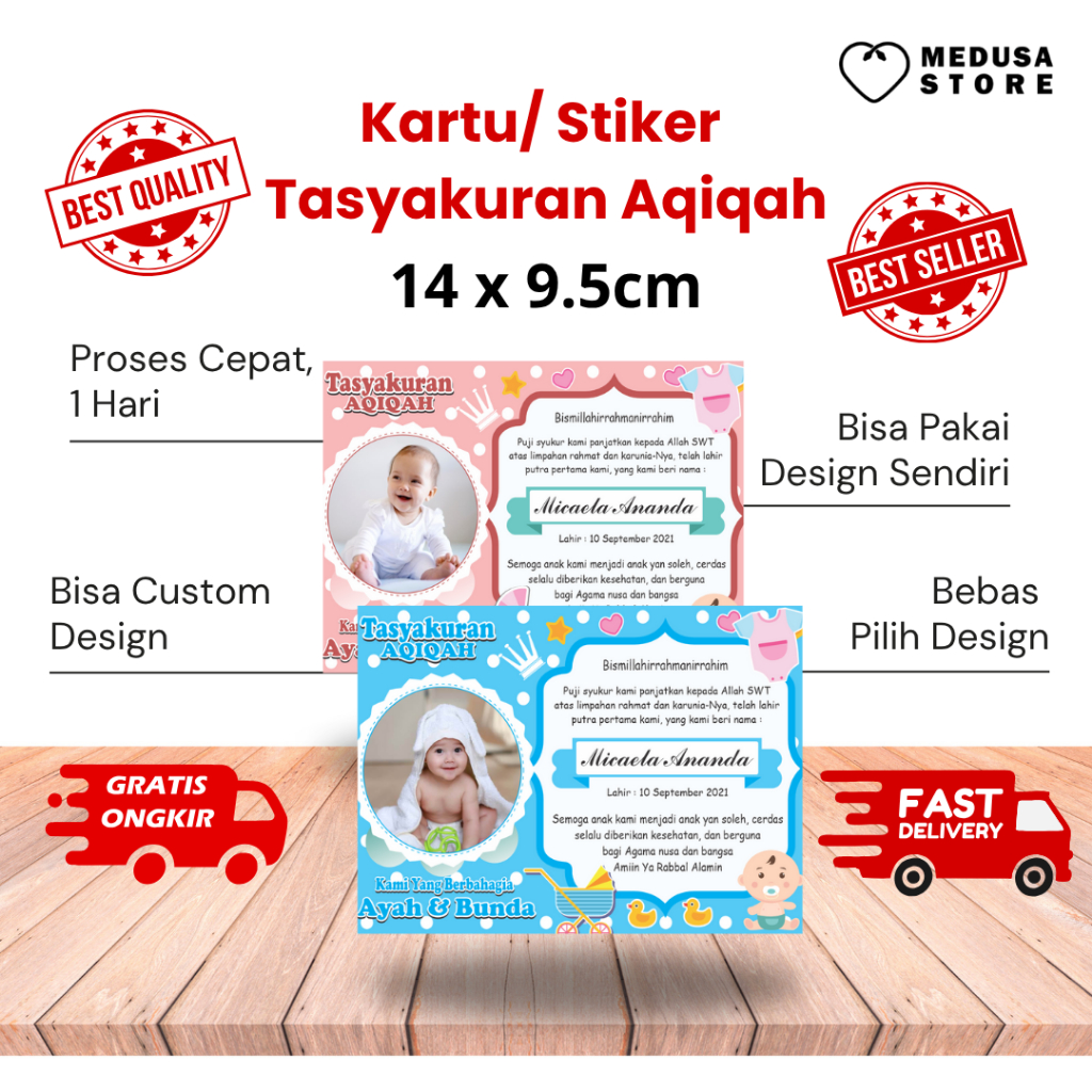 Kartu Ucapan Aqiqah Custom Nama Bayi | Kartu Tasyakuran Aqiqah Islami Elegan
