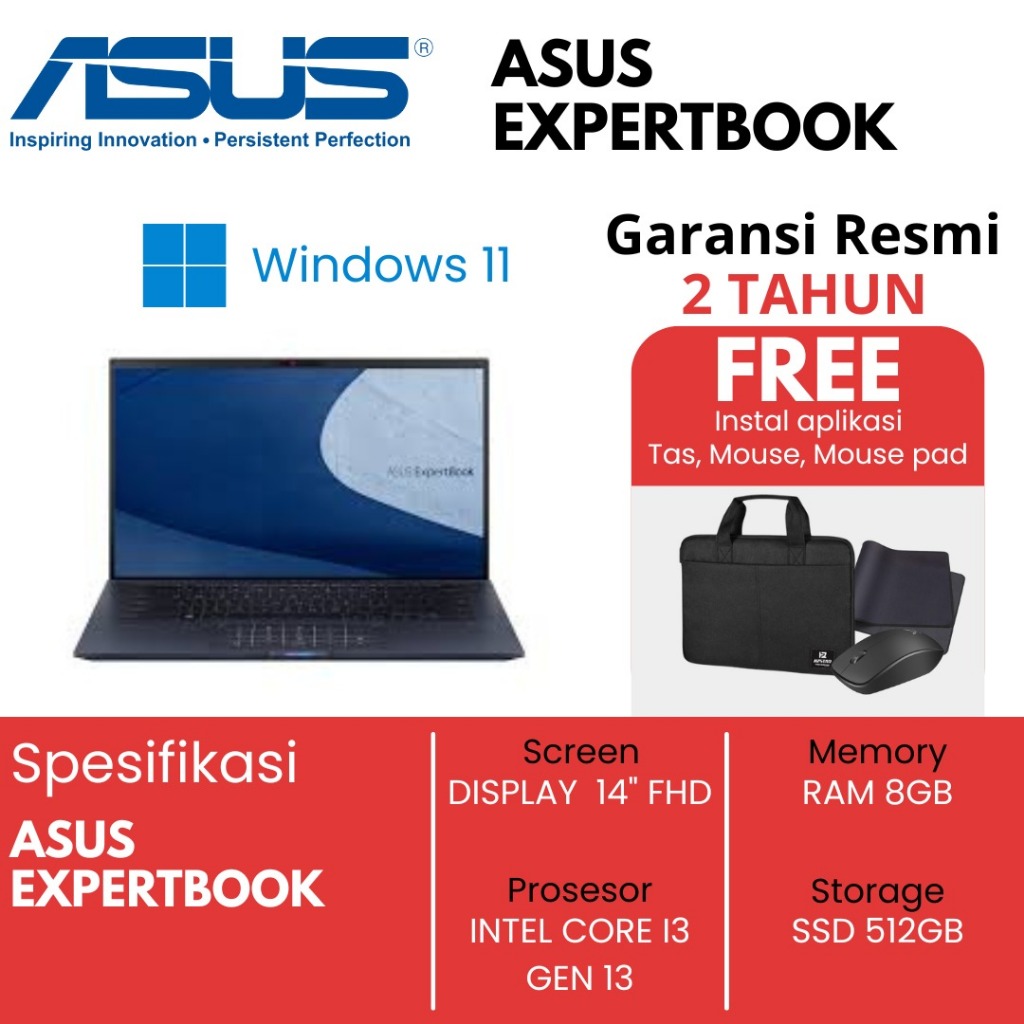 ASUS EXPERTBOOK INTEL CORE I3 RAM 8 SSD 512 WINDOWS 11 DISPLAY 14.0'FHD MURAH