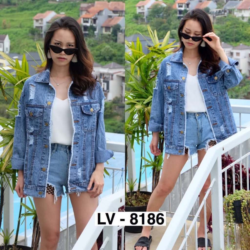 NEW - JAKET DENIM WANITA SOBEK  / JAKET JEANS OVERIZE KODE LV-8136