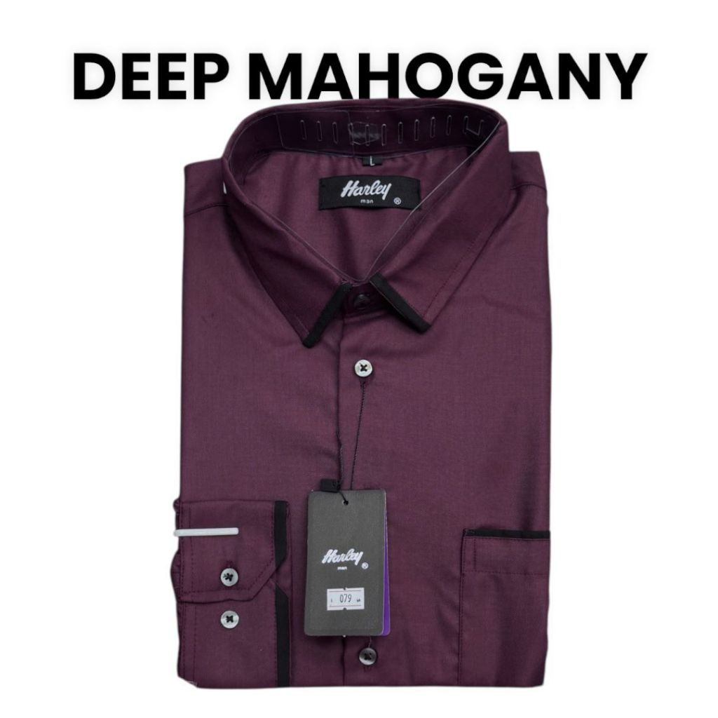 Kemeja Harley tangan lengan panjang polos list burgundi mahogani sage lemon bata armi hitam lilac un