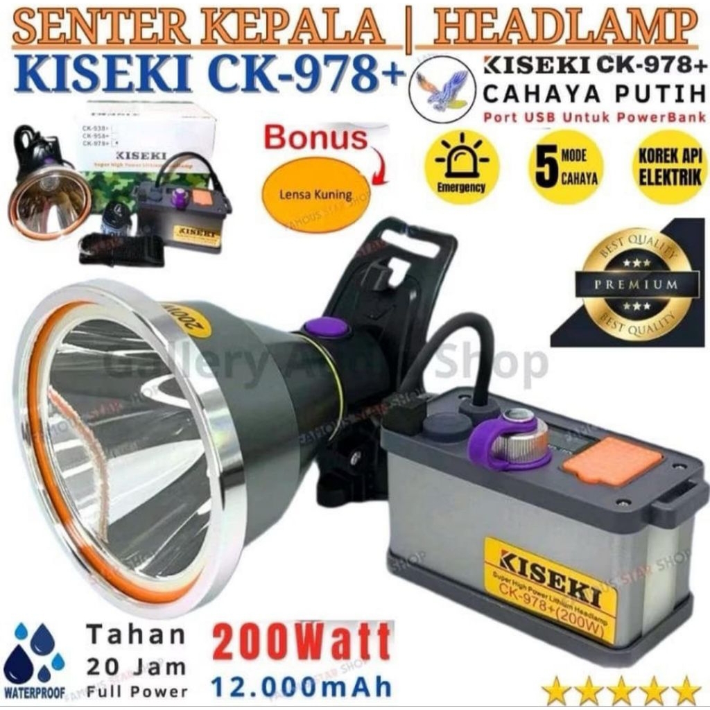 Senter Kepala Super Terang Kiseki CK-978+ 200 Watt | Cahaya Putih Baterai 12.000 mAh Dengan Aki Dan 