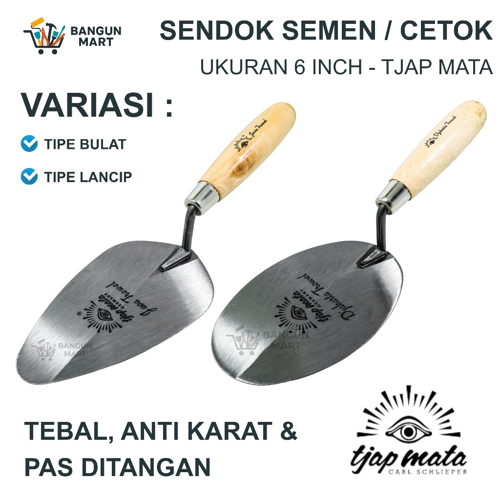 Tjap Mata Sendok Semen Lancip 6" Stainless Gagang Kayu Model ProfilSendok Semen Gagang Kayu Bulat La