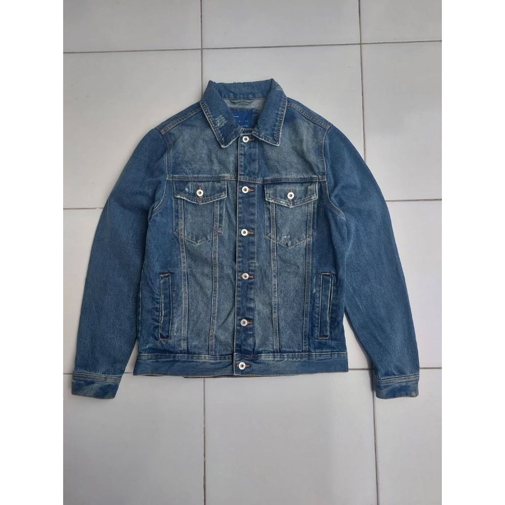 Zara Man Jaket Jeans Vintage Denim Trucker Jacket Classic Retro Rugged Style