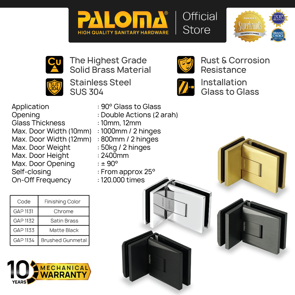 PALOMA Engsel Shower Hinge Pintu Kaca Kamar Mandi Jepit Penjepit Partisi Box Kaca ke Kaca Glass to G