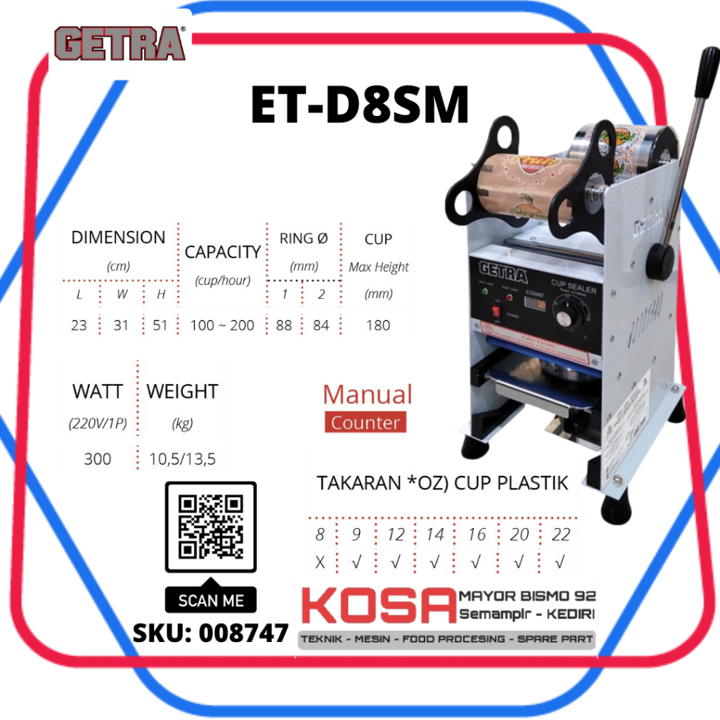 GETRA ET-D8SM Cup Sealer 22Oz GETRA Siler Gelas Jumbo GETRA pres gelas Jumbo GETRA pres gelas teh GE