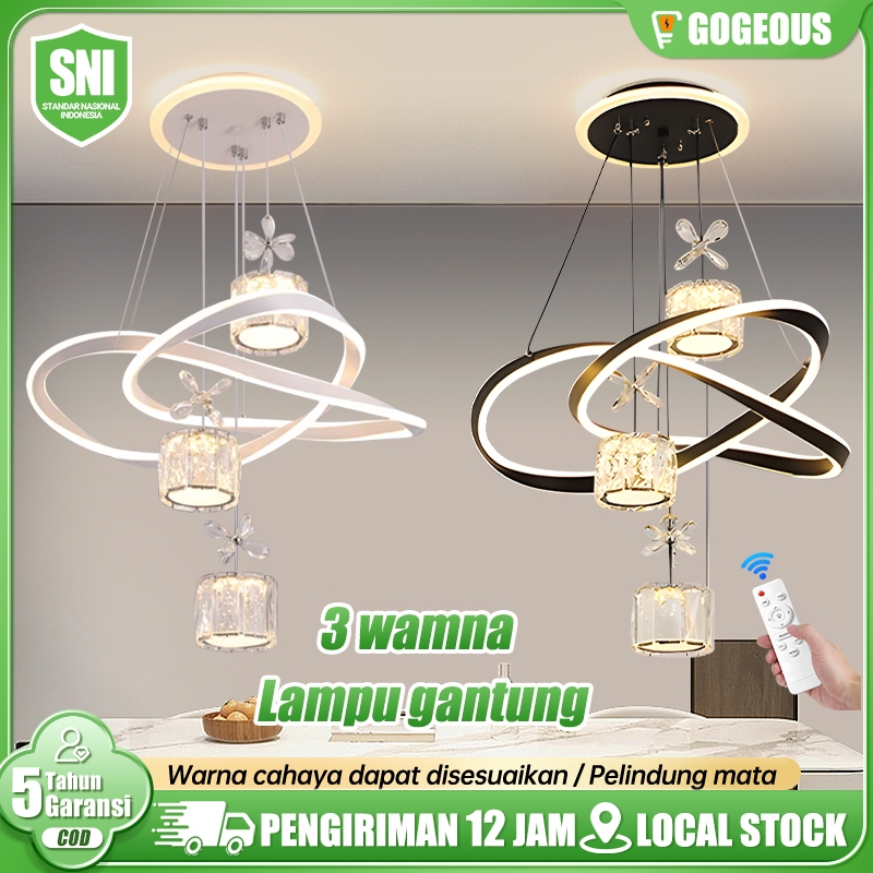 Lampu Gantung Kristal Minimalis 72W 3 Warna Remote Ruang Makan Modern Lampu Hias Gantung