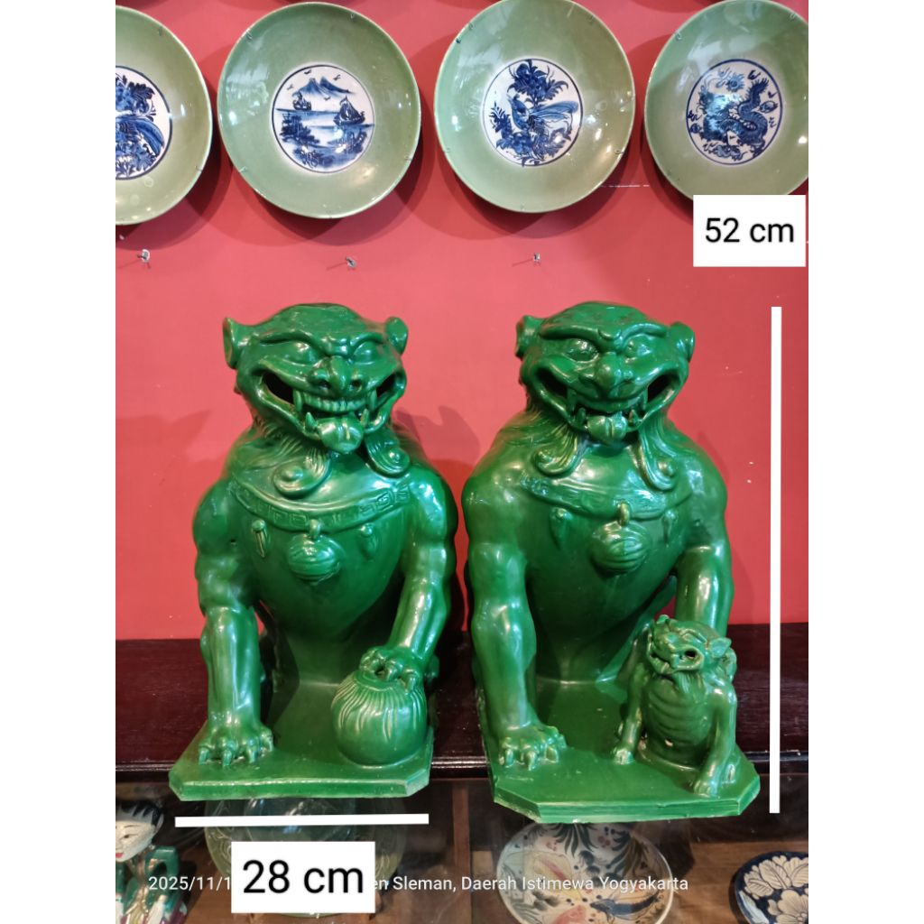 2 buah patung keramik hijau anjing foo