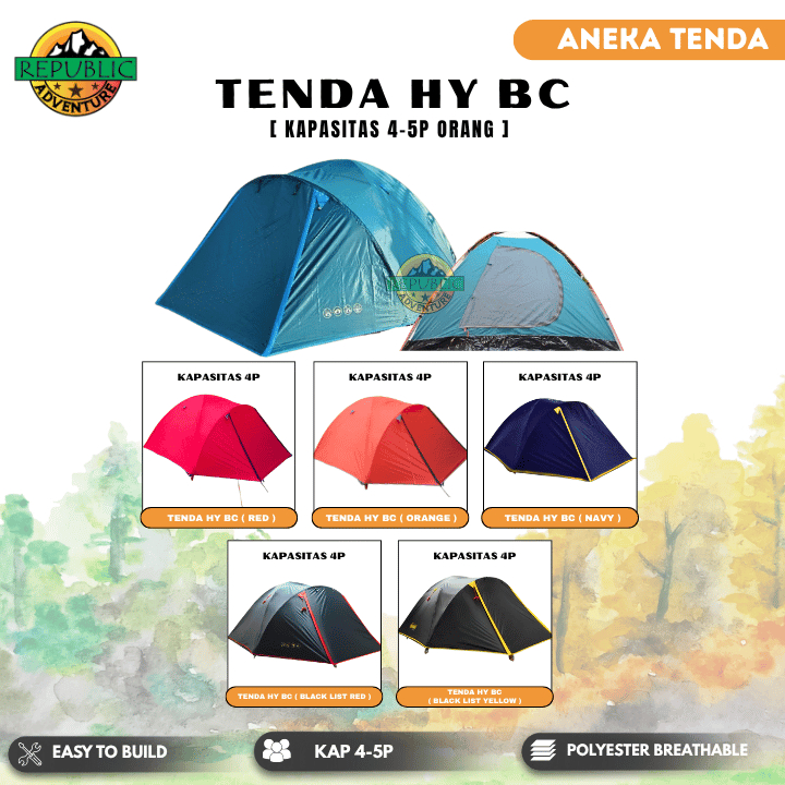 Tenda Camping Gunung Dome HY BC Waterproof Double Layer 4-5P Family Tent Outdoor Frame Fiber Kemping