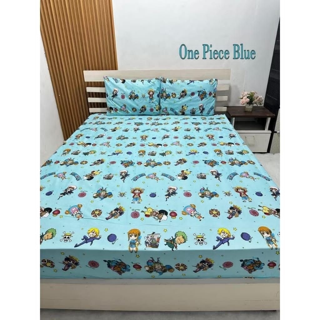 SPREI KARET KATUN PREMIUM 90/100/120/140/160/180/200 Motif one piece biru muda baby blue anime anak 