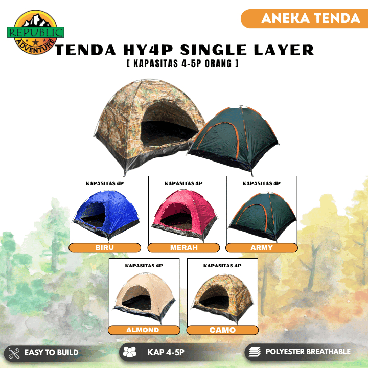 Tenda Camping Gunung HY Monodome Waterproof Single Layer 4P Tent Outdoor Frame Fiber
