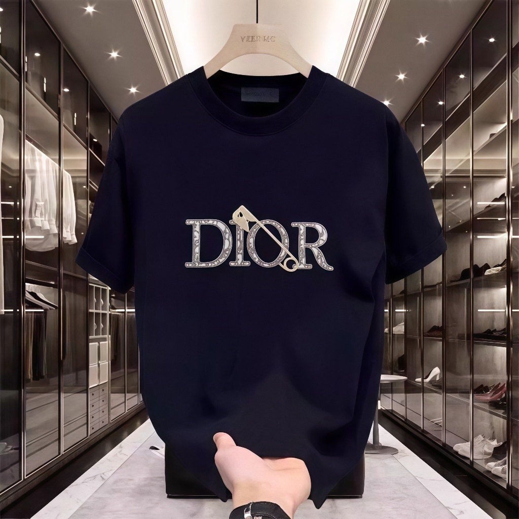 COD Kaos Lengan Pendek Oversize Gaya High Street Warna Biru Tua dengan Cetak Huruf DIOR & Hiasan Kun