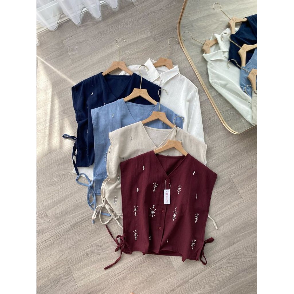Blouse Outer Bordir Wanita Tanpa Lengan – Model V-Neck Ikat Samping Korean Look