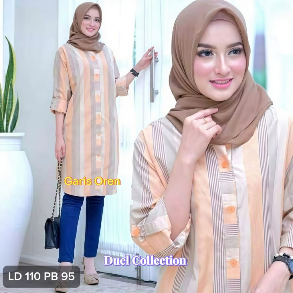 Tunik Katun Salur Terbaru Tunik Garis Wanita Lengan Panjang adem