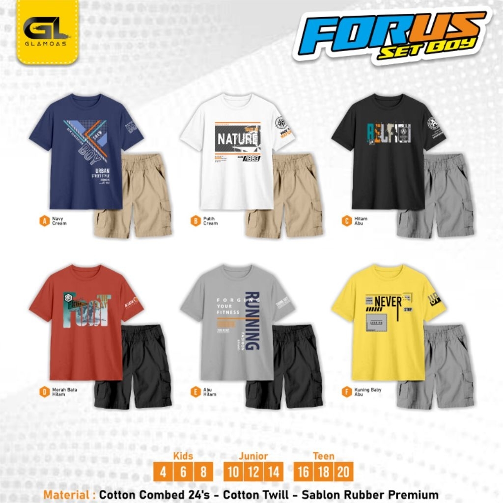 Po‼️ Glamoas Setelan Kaos Celpen Anak Dewasa Cowok Keren Forus Set Boy 4-20th Saku Cargo /Terbatas