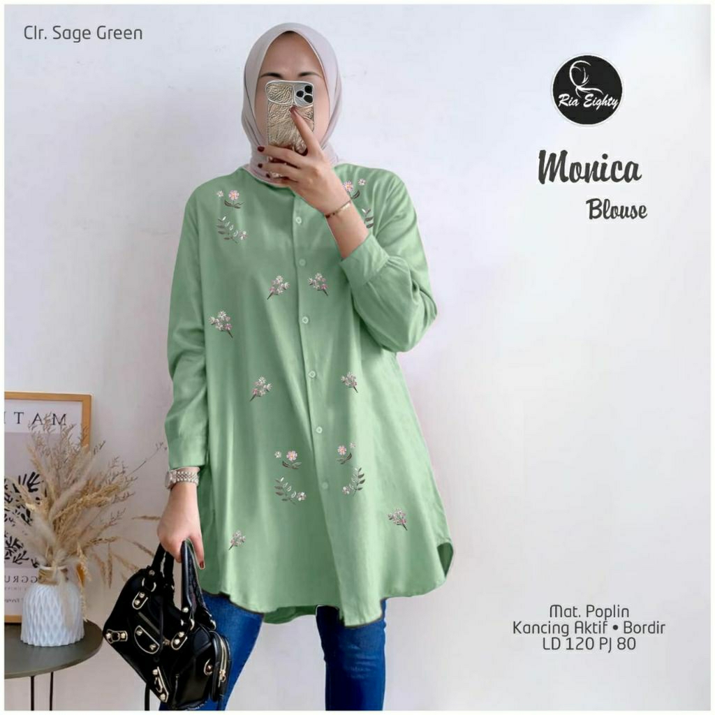 Monixa sage green kemeja Oversize Ld 120 Blouse jumbo bordir asli / riaeighty